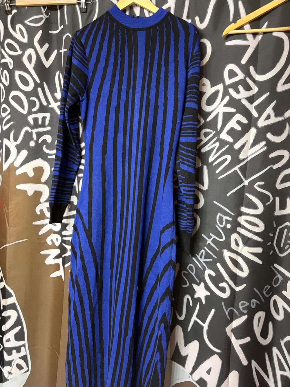 Fashion Nova Blue and Black Long Sleeve Maxi Dress